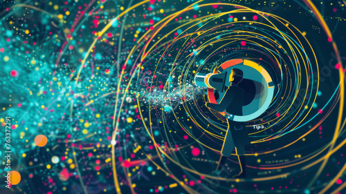 Captivating LinkedIn data visualization: Colorful vortex swirls depict engagement and reach, with a central figure holding 'Content Tips' megaphone.generative ai