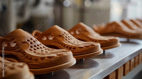Intricately carved wooden shoes with a unique design are lined up on display, showcasing the blend of traditional craftsmanship and modern style.