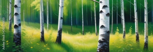 Birch forest, summer, background. Birch grove, road, field, sun. banner