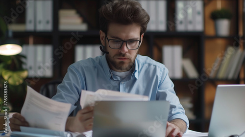 Serious young man accountant, auditor, analyst works in the office at the table behind the laptop and with documents. Writes invoices, makes analysis, fills out financial reporting and taxation