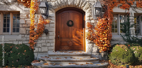 The ornate wooden door of a 1920s French provincial house in Lakewood set within a stone turret, surrounded by vibrant orange ivy