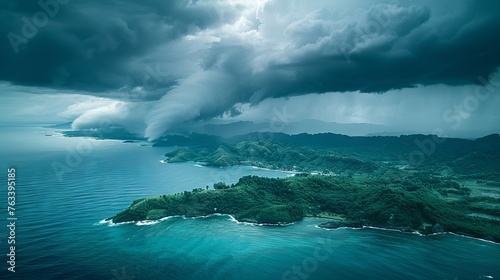 Ominous cyclone brewing above lush archipelagos, nature's raw power on display