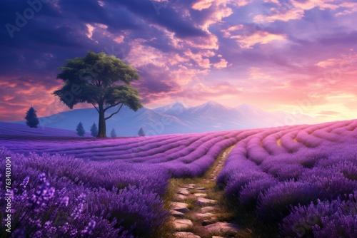 A tranquil road through a lavender field, exuding a soothing vibe