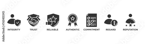 Credibility banner web icon vector illustration concept with icon of integrity, trust, reliable, authentic, commitment, regard, and reputation 