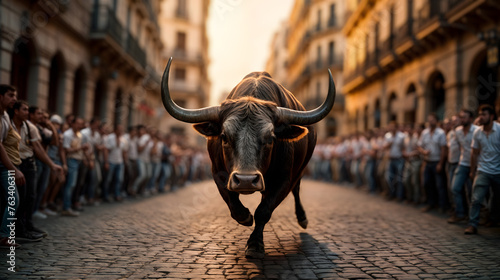 The streets of Pamplona whit the bulls through, during San Fermín. Generative AI