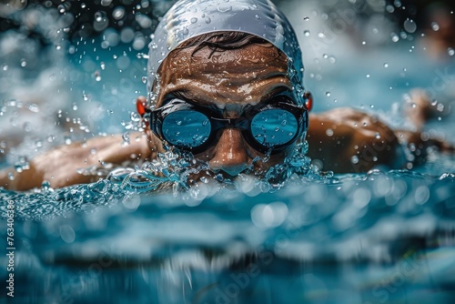 Intense close-up shot of a swimmer mid-stroke in a race, showcasing the power and energy of competitive swimming