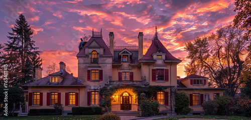 Sunrise casting a golden hue over a 1920s French provincial house in Lakewood, with a distinctive turret and vivid red shutters against a soft pink sky