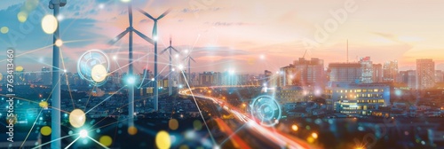 AI interface in urban skyline with wind turbines symbolizing smart city solutions for a sustainable future