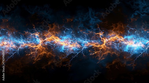 The collision of orange and blue lightning on a black background.