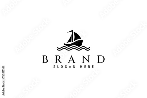 sailboat silhouette vector logo with ocean waves in flat vector design style