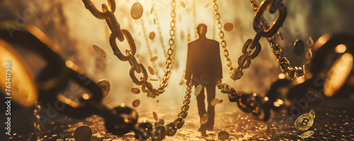 A conceptual image featuring the silhouette of a person, chains, and a storm of Bitcoins, possibly representing the volatility of cryptocurrency markets
