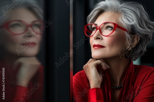 a woman in red glasses