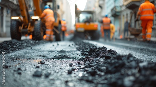 Road construction workers' teamwork at a road construction site, hot asphalt gravel leveled