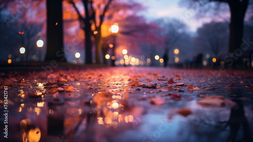 Wet autumn leaves on the ground with city lights reflection. Seasonal urban concept.