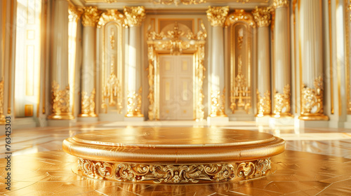 A gold room with a gold pedestal in the center. The room is very ornate and has a very luxurious feel to it