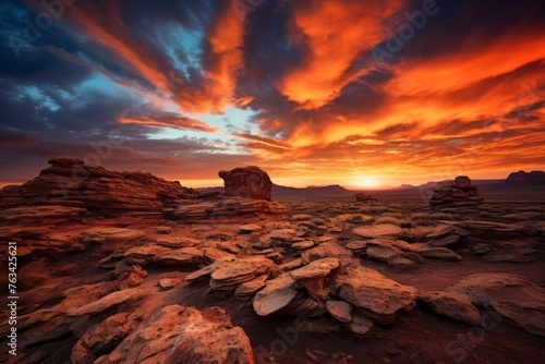 Rocky desert landscape painted with shades of orange during sunset