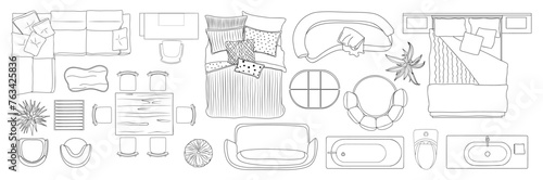 Furniture outline Top view. Set of line art elements for interior design of flat, house, apartment above view plan. Overhead contoured bed, sofa, chairs, plant, tables. Isolated Vector collection.