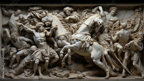 Marble relief of heroic battle warriors in fierce combat with detailed armor