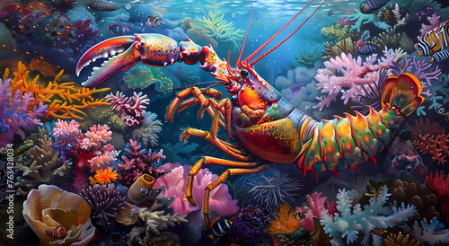 underwater scene featuring a colorful lobster