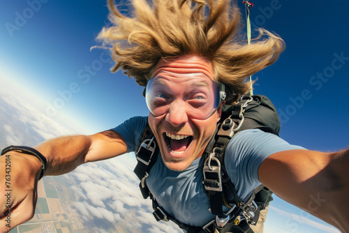 AI generated image of funny skydiver flying in blue sky enjoy in free fall