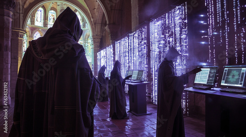 In a monastery where ancient walls meet neon lights, medieval cyber monks dedicate themselves to preserving digital manuscripts, a fusion of tradition and future