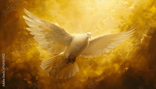 The image depicts the outpouring of the Holy Spirit and the dawn of golden light, symbolizing Easter, the Eucharist, and the dove.