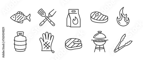 10 black line icons representing barbecue and grill elements (fish, metal fork and handle, charcoal, meat, fire, gas cooker, glove, steak, grill, tong) for promo materials, SMM. Vector illustration