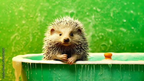 The hedgehog in the bathtub against the green background