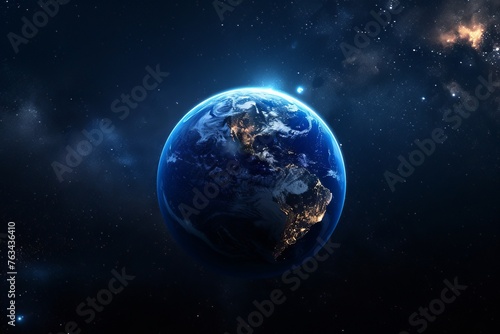 Top view on nightly planet earth with lights illuminated of cities from dark outer space