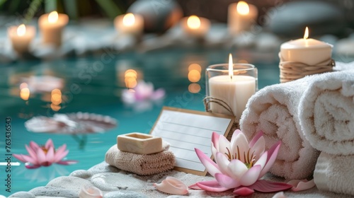 A tranquil spa setting with lit candles, plush towels, and water lilies, poised to pamper and indulge on Mother's Day.