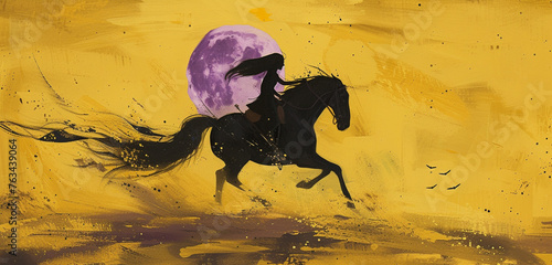 Under a lavender moon, a girl and her black horse run across a desert, the ground a soft mustard yellow, highlighting the mystical glow