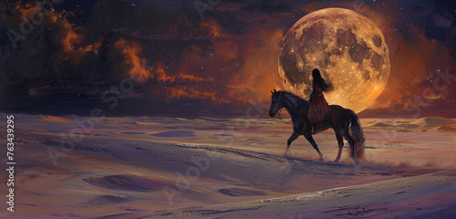 Under an amber moon, a girl on a large black horse trots through the desert, the sands painted a rich lavender hue