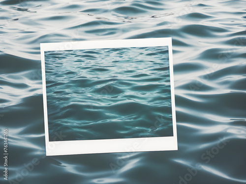 Blank photo frame on the sea water background. Template for your design