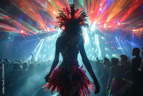 A silhouetted figure of a dancer at a lively party with vibrant lights and motion blur