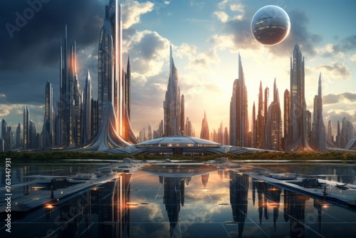 A futuristic city skyline with transparent buildings
