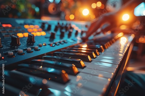 A close-up shot of a synthesizer keyboard with bokeh lights in the background, epitomizing creativity and nightlife