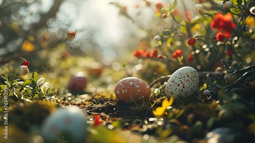 Easter Eggs Hidden in Sunlit Forest Underbrush 