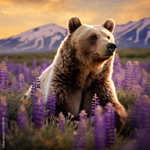 Urso pardo em um campo de lavanda - Papel de parede