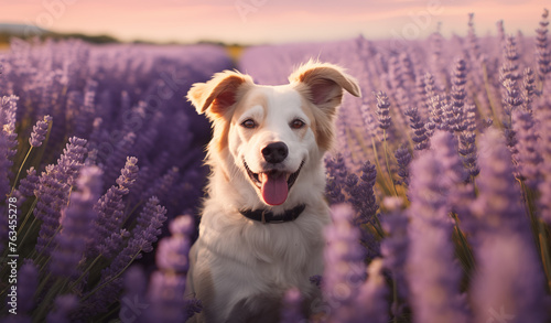 Cachorro fofo em um campo de lavanda - Papel de parede