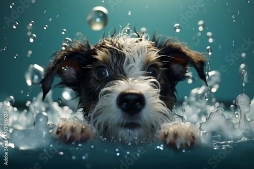 Cute schnauzer puppy bath with shampoo and bubbles in bathtub - pet shop grooming salon banner