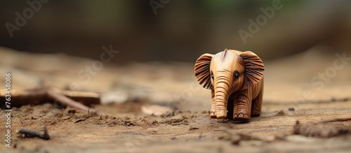 A small wooden elephant toy on dusty ground
