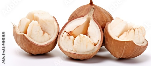 Nut shell with peeled aleurites moluccanus on white background