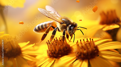 A photorealistic image of a bee (Apis mellifera) on Helenium flowers, with a blurred background for emphas