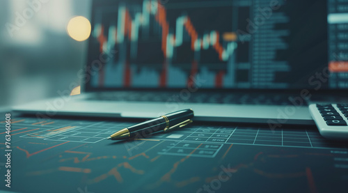 A financial market chart with a pen and calculator on the table, in a closeup of a business concept background.