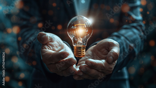 Hands of a faceless businessman presenting a glowing light bulb, depicting the illumination of innovative business ideas influenced by human intellect and AI