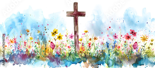 Christian cross clipart with watercolor Easter theme border and banner, perfect for religious holiday decorations and materials.
