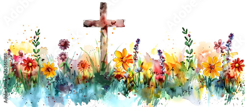 Christian cross clipart with watercolor Easter theme border and banner. Suitable for religious holiday decorations and art projects.