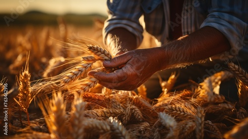 The hands of a farmer close up pour a handful of wheat grains
