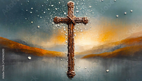Christian cross made with rusty nails, drops of blood on grey background. Copy space. Good Friend