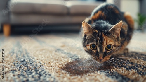 An adorable cat curiously inspects a wet spot on the carpet, prompting thoughts of pet care and accident cleanup.